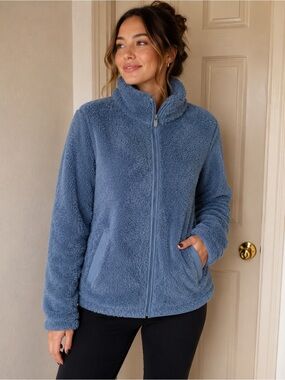 Plush Zip-Front Teddy Jacket in Dusty Blue